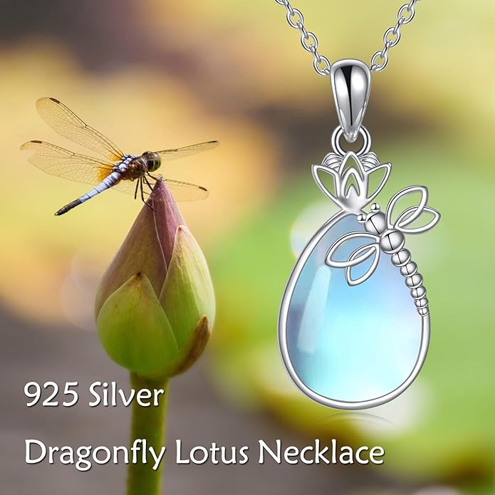 CRMAD Daisy/Black Cat/Dragonfly/Daffodil/Hummingbird/Stingray/Phoenix Feather/Rose Necklace Sterling Silver Moonstone Teardrop Pendant Necklace Flower Animal Jewelry Gifts for Women