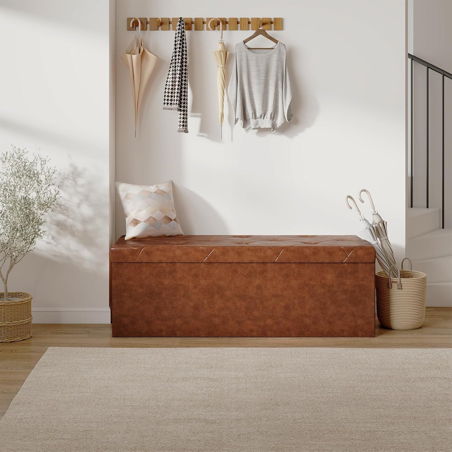 Sweetcrispy 43 Inches Folding Ottoman with Storage Bench, Foot Rest Stool, End of Bed Storage Bench Upholstered, Load 660 lbs, for Living Room, Synthetic Leather, Brown