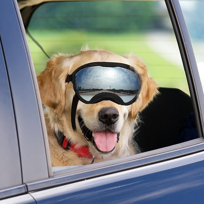 Dog Goggles for Large Dogs, UV Wind Dust Fog Protection, Soft Frame Adjustable Dog Sunglasses, Summer Driving & Winter Snow Eyewear, Tactical Pet Glasses with Elastic Strap (Black)
