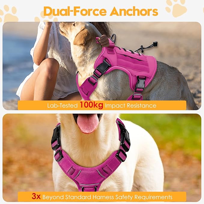 Heavy-Duty Tactical Dog Harness for Large Dogs, No Pull Adjustable Reflective Pet Vest with Molle System, K9 Military-Grade Control for Service Training, Outdoor & 10+ Breeds, Pink, XX-Large