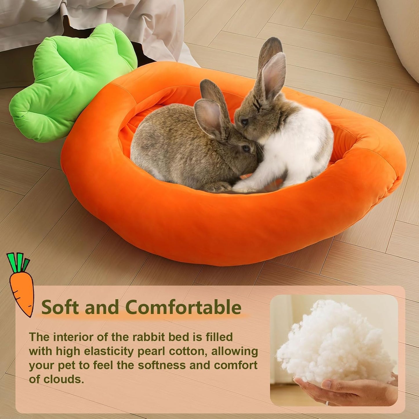 Rabbit Bed,Thick&Soft Bunny Bed with Removable Cushion,Machine Washable with Rattan Mat & Heart Decor,Cozy Warm Small Animal Sleeping Beds (Carrot Shape-L)