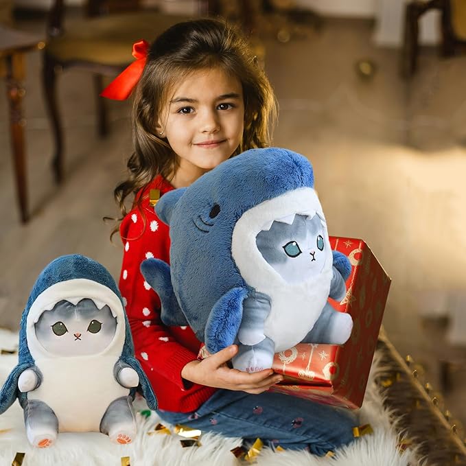 Kawaii Shark Cat Plush Toy Stuffed Animal Doll, Cute Soft Pillow Stress Release Hugs Toys Christmas Halloween Birthday Gifts for Kids Boys Girl Best Gift (Blue - Grey,12 inch)