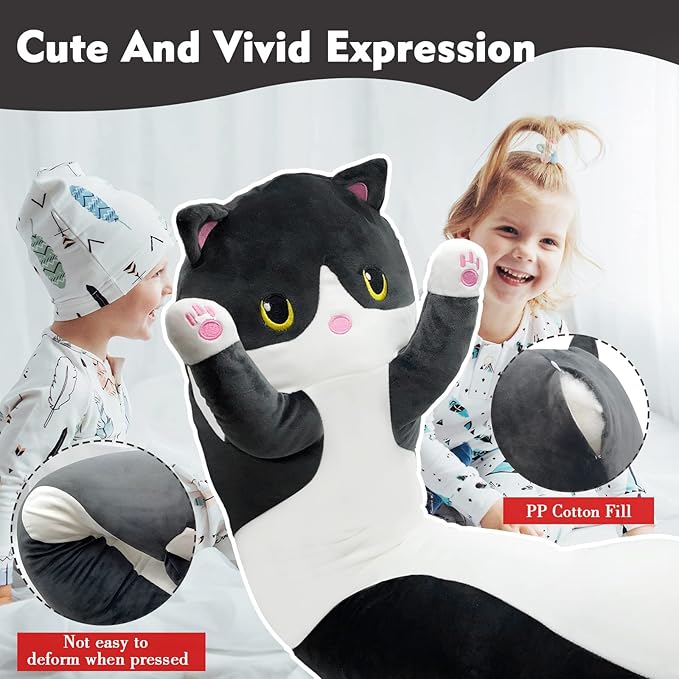Long Cat Plush Pillow, 43.3in Cute Black Cat Plushie Stuffed Animals Body Pillow, Kawaii Kitten Soft Plushie Doll Toy Birthday Gift for Kids Girlfriend