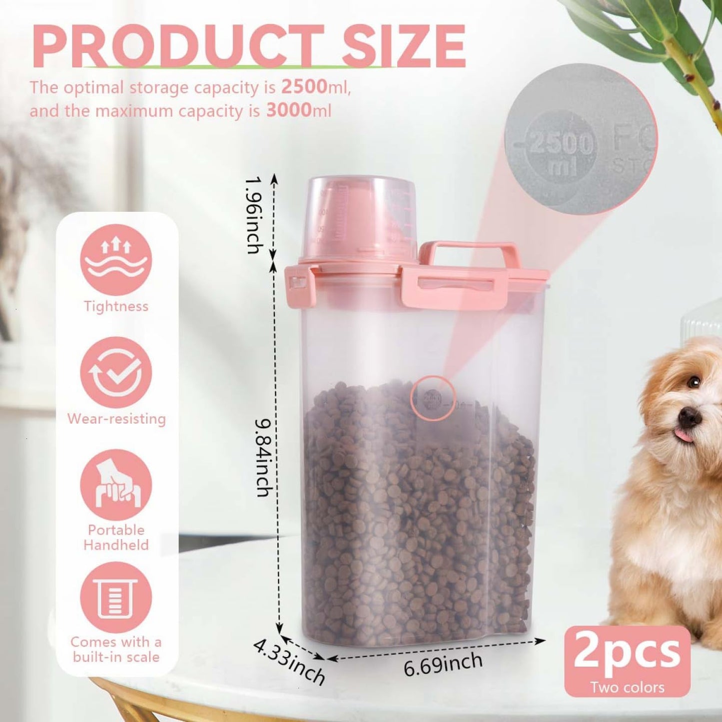 SenseYo 2 Pack 2.5lb Pet Food Storage Container with Measuring Cup, 3L Cat Food Storage Container Dog Food Storage BPA Free for Small Dog, Cat, Bird (Pink, Green)