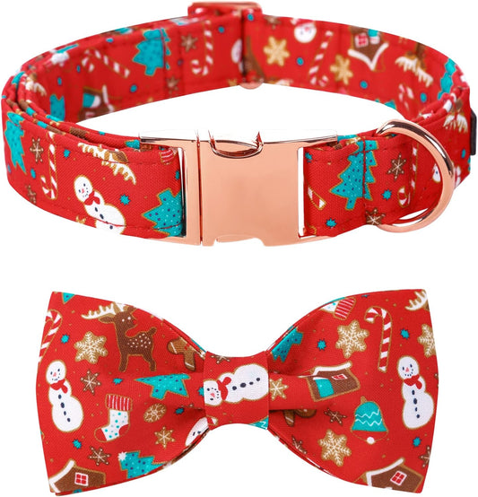 Lionet Paws Christmas Dog Collar with Bowtie, Dog Bowtie Collar with Metal Buckle for Dogs, Adjustable Comfortable Dog Collar Girl Boy Gift, M, Neck 13.5-22 in