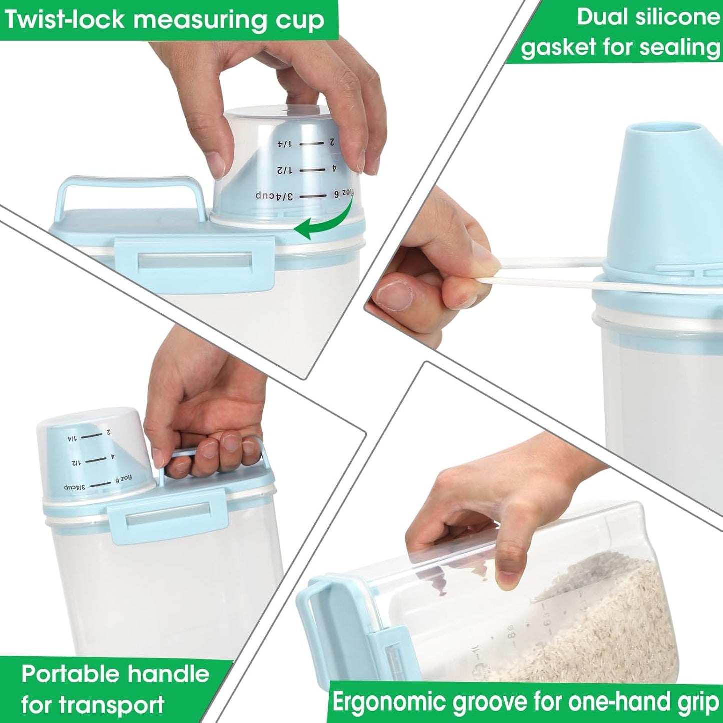 TBMax Rice Storage container 4 Lbs, Small Rice Dispenser with Measuring Cup, Blue Cereal Containers Flour Bin, Kitchen Food Storage Container and Pantry Organizers, Pet Dog Cat Food Dispenser