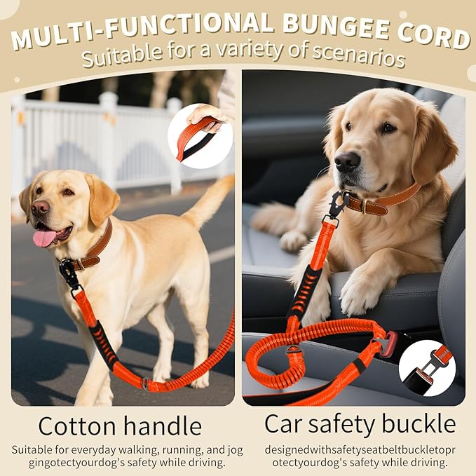 Heavy Duty Tactical Dog Leash, 4-6FT Shock Absorbing Bungee Leash with 2 Padded Handles, Metal Carabiner Clip, Car Seatbelt, Reflective leashes for Large Breed Dogs Medium Dog (Orange)