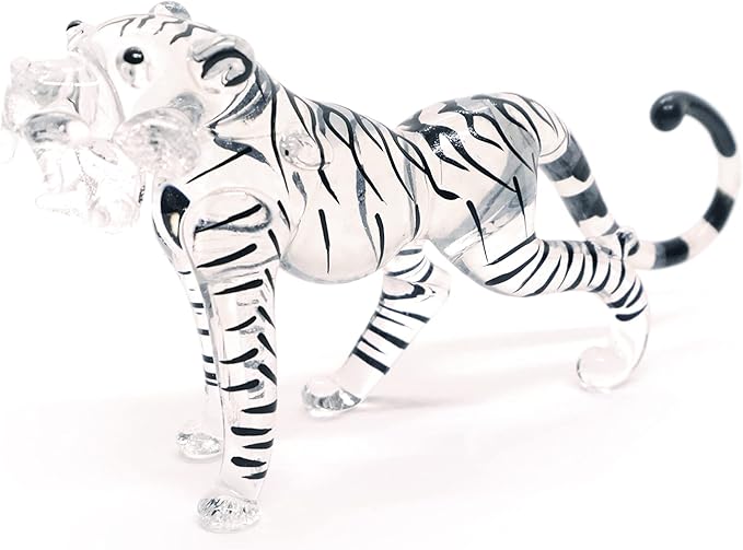 ChangThai Design Tiny 3½" Clear Black Striped Roaring Tiger Figurine - Miniature Hand Blown Glass Tigers Wild Cats Wildlife Felidae Animal Crystal Decorative Figure Collectible Figurines Décor Gifts