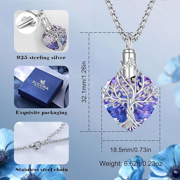 EUDORA Sterling Silver Urn Necklace for Ashes for Women Men, Ash Pendant for Human Cat Dog Ashes, Necklace for Ashes of Loved One Dad Mom Papa Pet Cremation Souvenir Jewelry for Funeral, 20inch