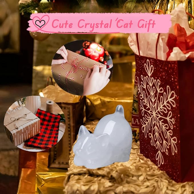 Clear Quartz Cat Crystal Statue Carved Room Decor Figurines for Desk Sculpture Lazy Handcrafted Healing Stone Office Natural Gemstones Spiritual Gifts for Cat Lovers