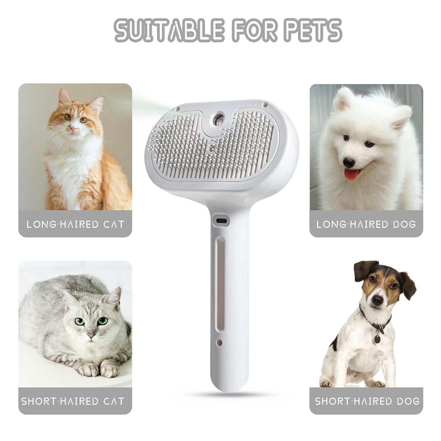 Spray Cat Pet Grooming Brush with Water Sprayer - Hair Removal Comb for Cats and Dogs, White Shedding and Bath Brush with Steam Release