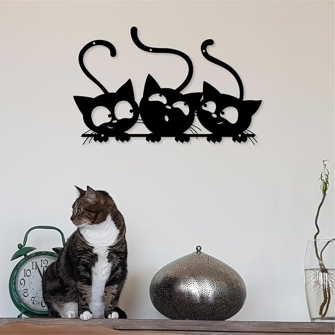 Three Black Cat Wall Art, Metal Cat Wall Decor, Black Cat Wall Sculpture for Cats Lover, Minimalist Room Living Room Patio Wall DéCor (Length: 18 Inches)