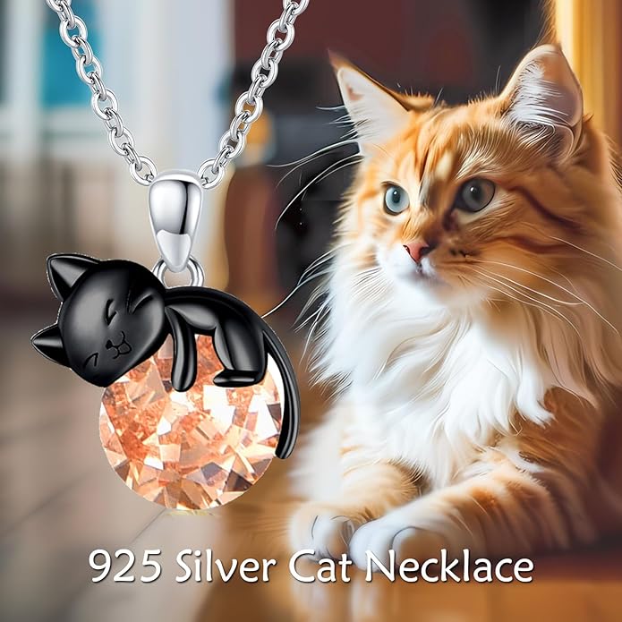 Cat Necklace Sterling Silver Cat Pendnat with Rose Quartz Pearl Jewelry Gifts for Women Cat Lovers