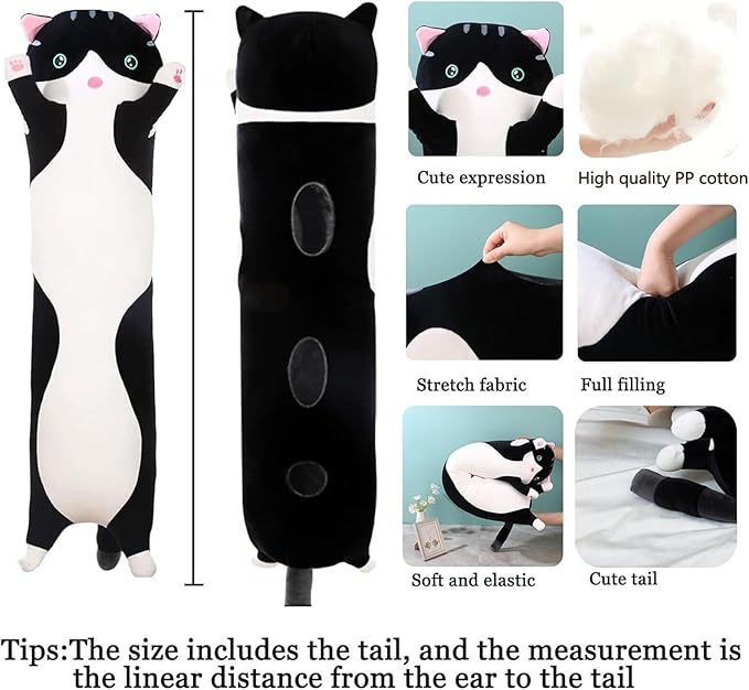 Long Cat Plush Pillow Soft Cat Hugging Pillow Stuffed Animal Pillow Cute Kitty Sleeping Throw Pillow Gift for Kids(150cm/59.05inch,Black