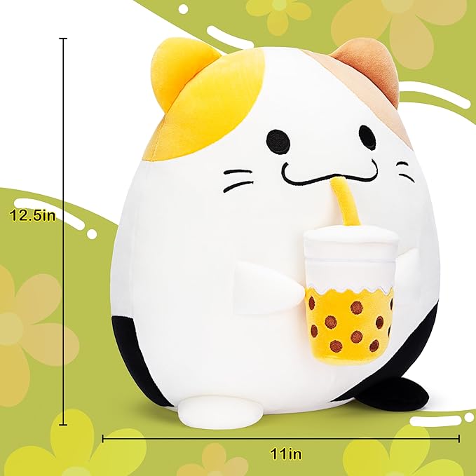 Original 12.5-inch Large Calico Cat Plush Pillow Stuffed Animal Toy,Big Size Cute Soft Fat Hugging Cuddle Huggable Plushie,Gift for Kids