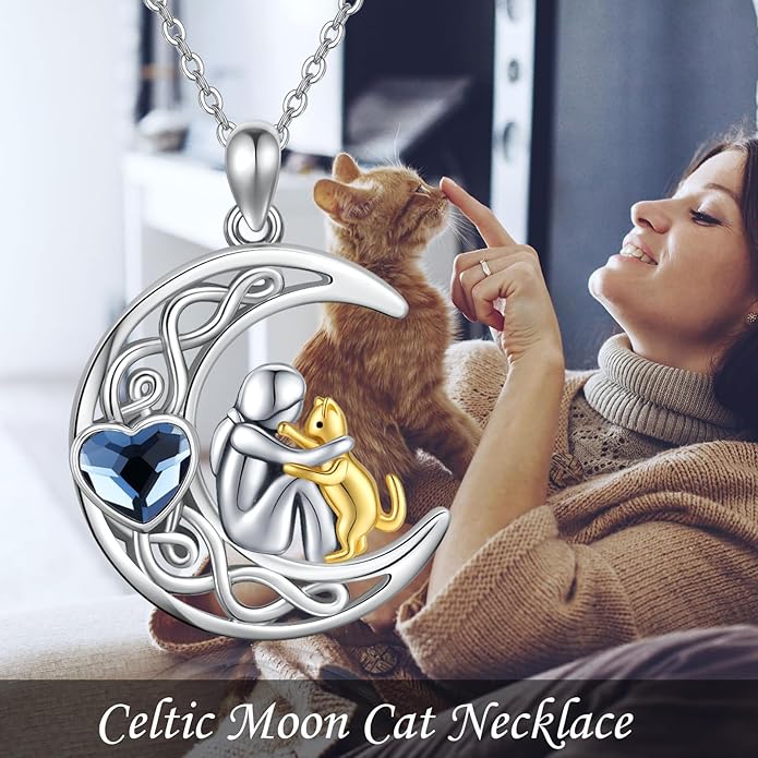 JUSTKIDSTOY Sterling Silver Cute Animal Pendant Necklace with Crystal Cat Pendant - Women's Cat Lovers Jewelry Gift