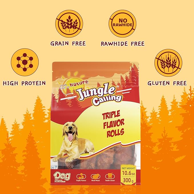 Jungle Calling Triple Flavor Rolls Dog Treats, Made with Real Chicken Duck Beef Meat, Rawhide Free Dogs Snacks,Healthy, Easily Digestible, and High Protein Treat, 10.6 oz