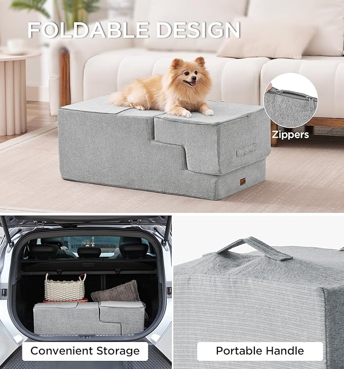 Made4Pets Dog Stairs for High Bed, Extra Wide Pet Stairs for Bed Couch Sofa, 35D Foam Pet Steps for Small Dogs and Cats, Non-Slip Bottom Dog Steps, Light Grey, 5 Steps