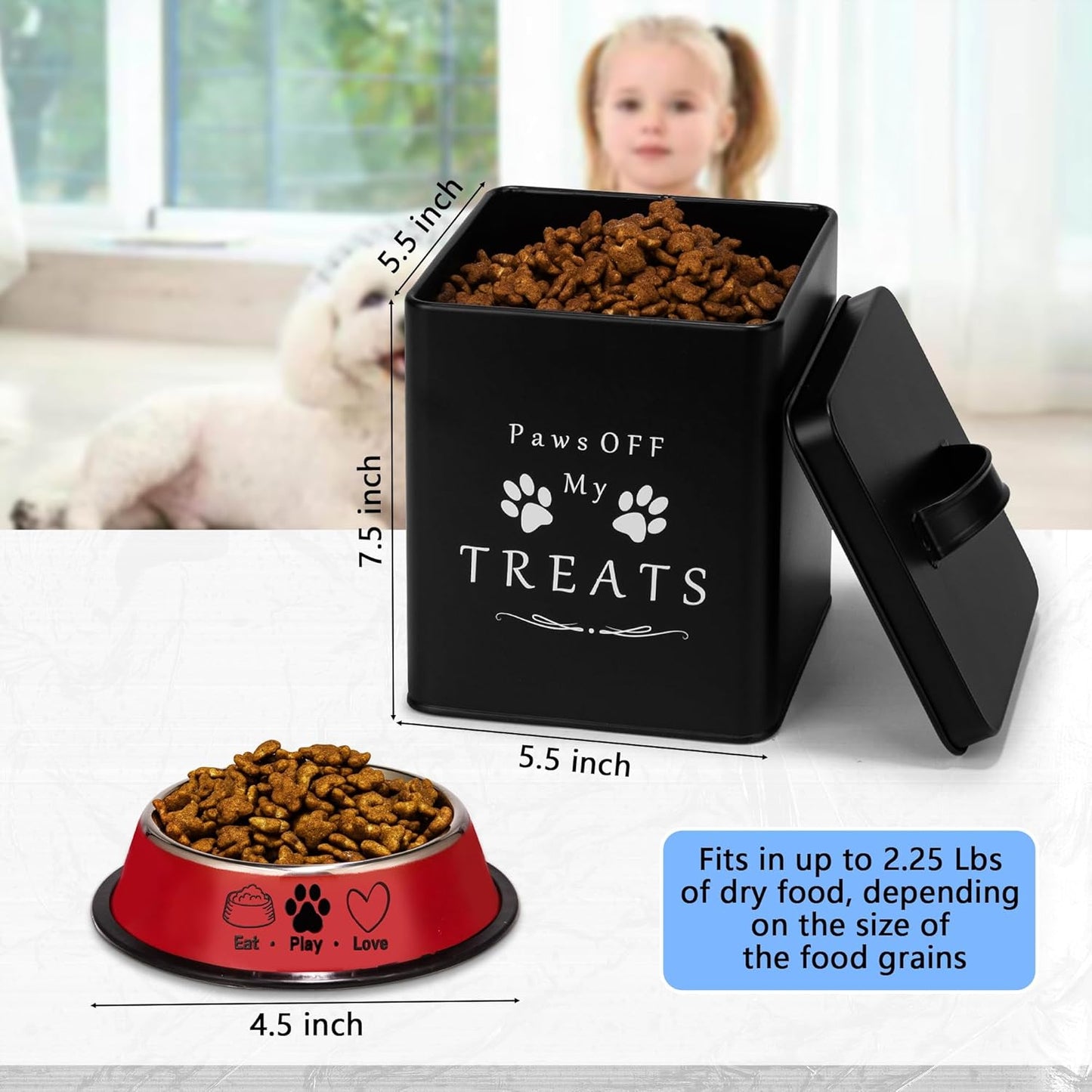 Meraki Home Small Dog Food Container and Dog Treats Container - Tight Lids - Feed Scoop and Pet Food Bowl - Farmhouse Metal Storage Bin - Matte Black