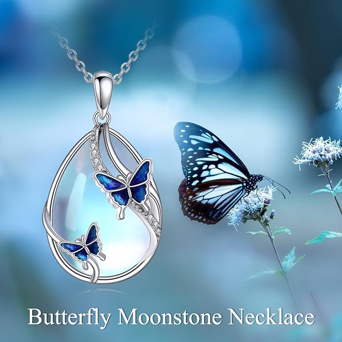 KQF Dragonfly/Butterlfy/Cat/Jellyfish/Bunny/Axolotl/Bee/Mermaid/Hummingbird/Elephant Necklace for Women Sterling Silver Moonstone Pendant Necklace Dragonfly Jewelry Gifts for Women