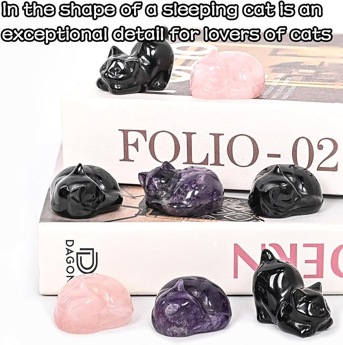 WHAL&YUNE Crystal Cat Figurine, 1PC Black Obsidian Cat, Natural Sleeping Cat Ornament Hand Carved Cat Statue Cat Home Decor Crystal Decoration for Cat Lovers, Gift 1.5"
