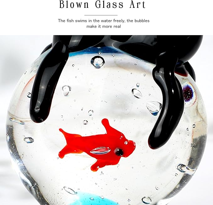 QFkris Blown Glass Black Cat Figurine, Mini Glass Animals Sculpture, Cat and Fish Art Collectible Figurines for Home Decor, Gift for Mom Cat-Lover Birthday Christmas