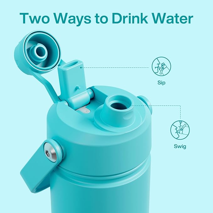 Kids Insualated Water Bottle with Straw - 12oz Stainless Steel Water Bottle with Dual Spouts, Leak-Proof, BPA-Free, Double Wall Vacuum Keeps Cold for 24 Hours for Sports, Travel (Aquamarine Blue)