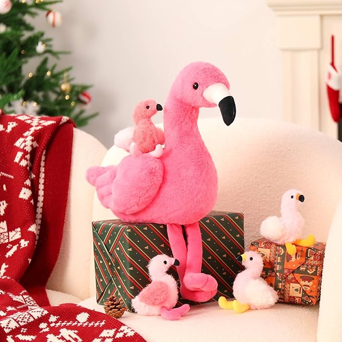 MorisMos Plush Flamingo Stuffed Animal-18 Inch Mommy Stuffed Flamingo with 4 Baby Bird Plush Toys Inside Zipper Tummy, Pink Bird Stuffed Animals Gift for Girl Women Decor Birthday Christmas Valentines