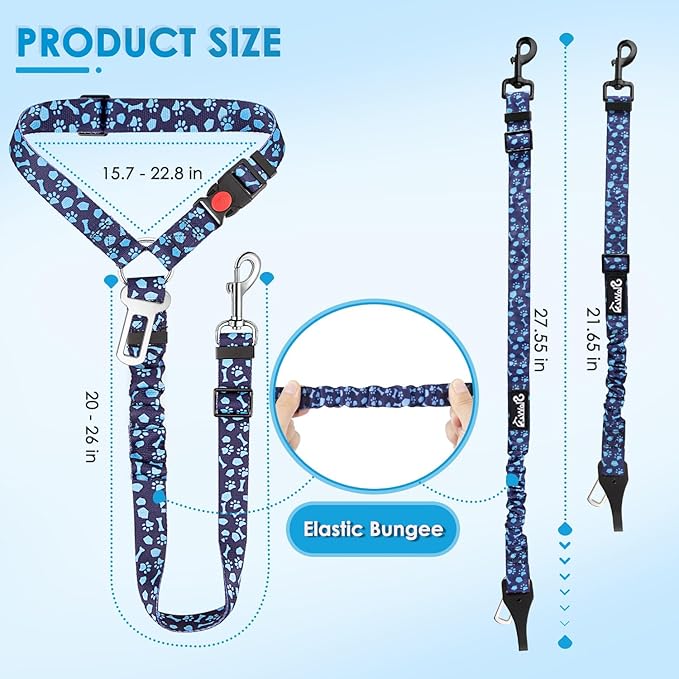 Lukovee Dog Seatbelt Leash for Cars, 2 Pack Pet Safety Car Seat Belt with Adjustable Buckle & Reflective Bungee, Connect Dog Harness in Vehicle Car Dogs Restraint Travel Daily Use (Blue Paw)