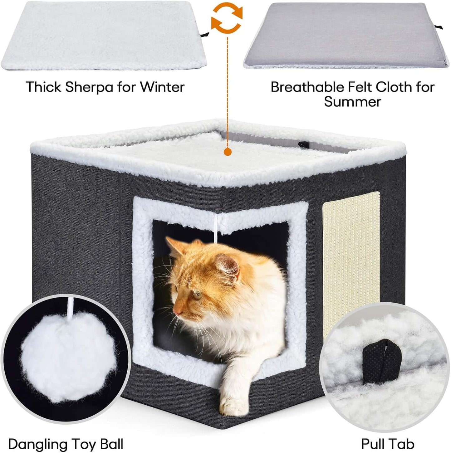petizer Cat Bed for Indoor Cats, Large Covered Cat House with Scratch Pad, Foldable Cat Cave Bed & Hideaway Cube with Reversible Cushions, Cute Cat Condo for Multi Small Pet Kitten (Dark Grey)