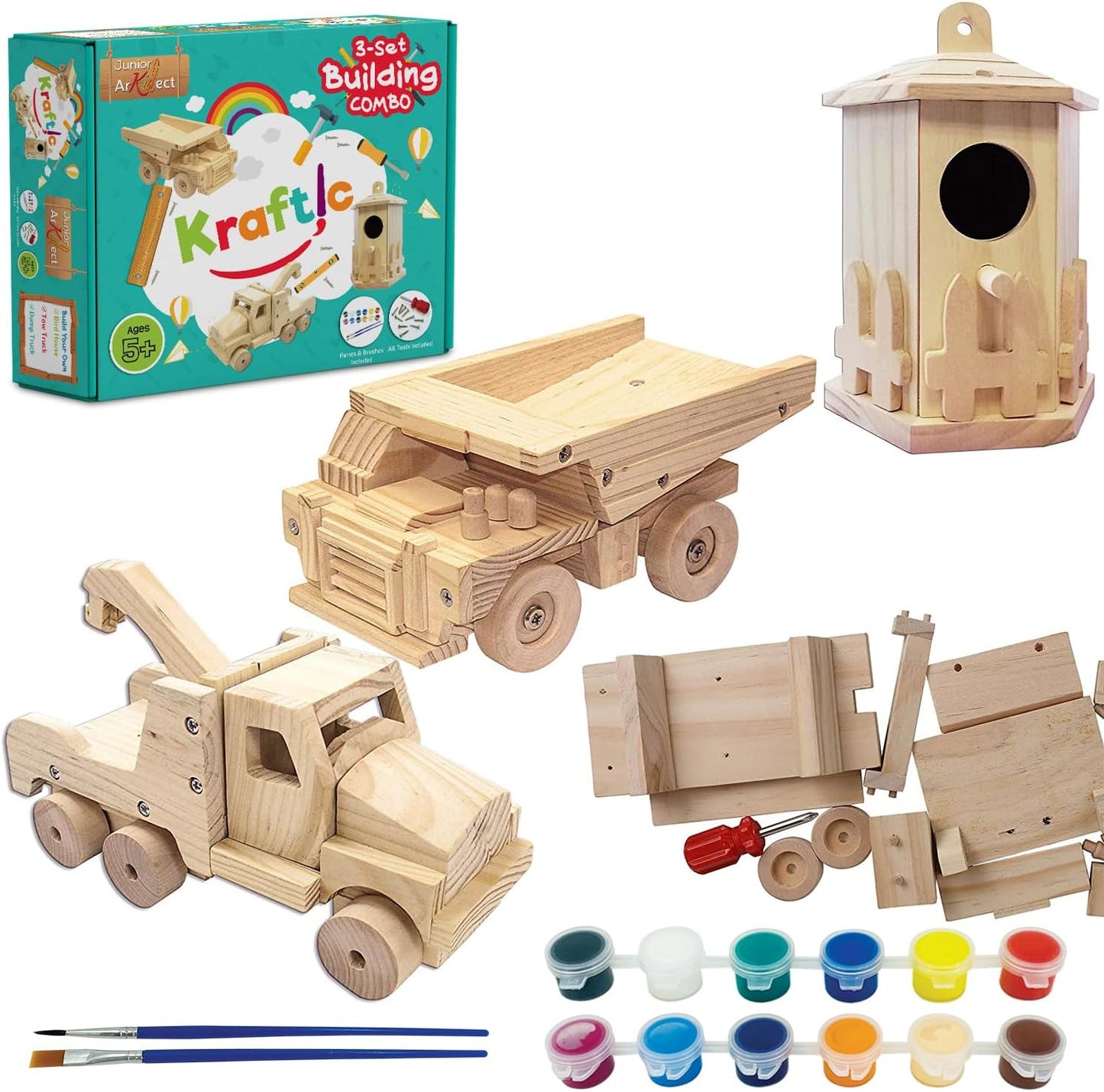 Kraftic Woodworking Building Kit for Kids and Adults, with 3 Educational DIY Carpentry Construction Wood Model Kit Toy Projects for Boys and Girls - Tow Truck, Birdhouse and Dump Truck