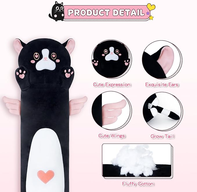 Cat Long Plush Long Giant Pink Cat Pillow Plush, Long Kitten Body Pillow Cute Cat Stuffed Animals for Kids Girlfriend(70cm/27.5inch)