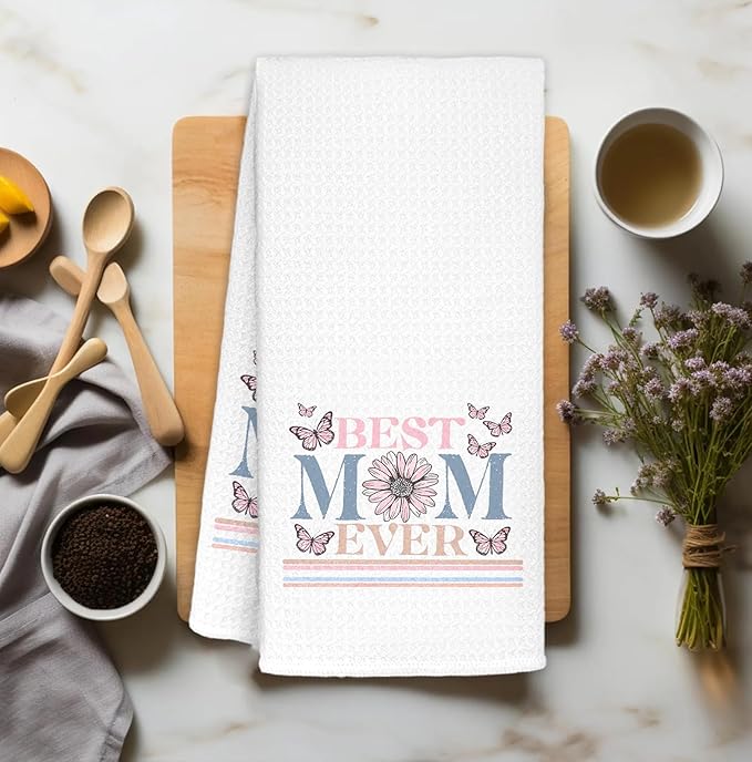 Best Mom Ever Kitchen Towels Decorative, for Mom from Sons Daughters Dish Towels, Best Mom Birthday Gifts Hand Towels Drying Cloth for Kitchen Bathroom Decor, 16x24 Inch