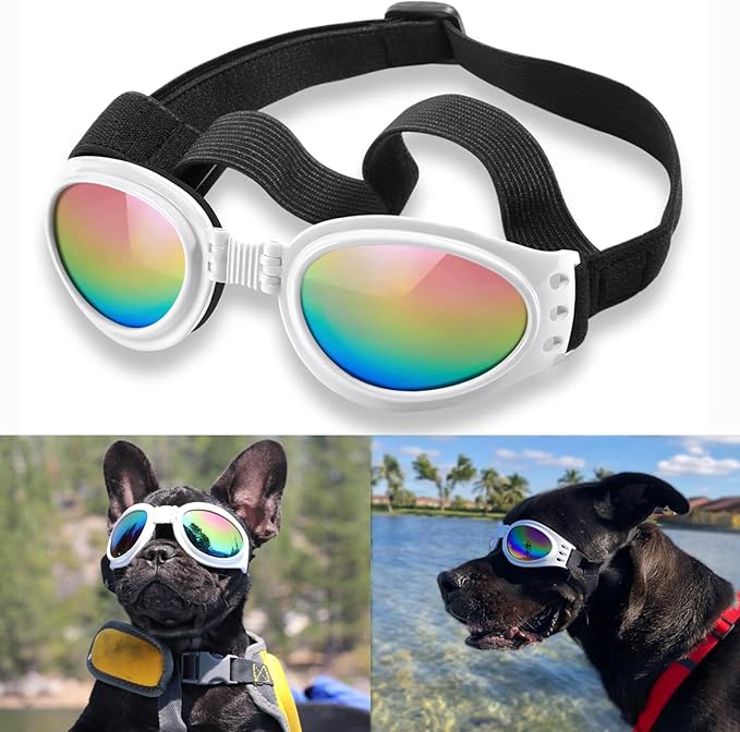QUMY Dog Sunglasses Dog Goggles for Medium Large Breed Dogs, Wind Dust Fog Protection Eye Wear Pet Glasses with Adjustable Strap for Motorcycle Car Driving Bike Riding Hiking Swimming Over 15lbs White