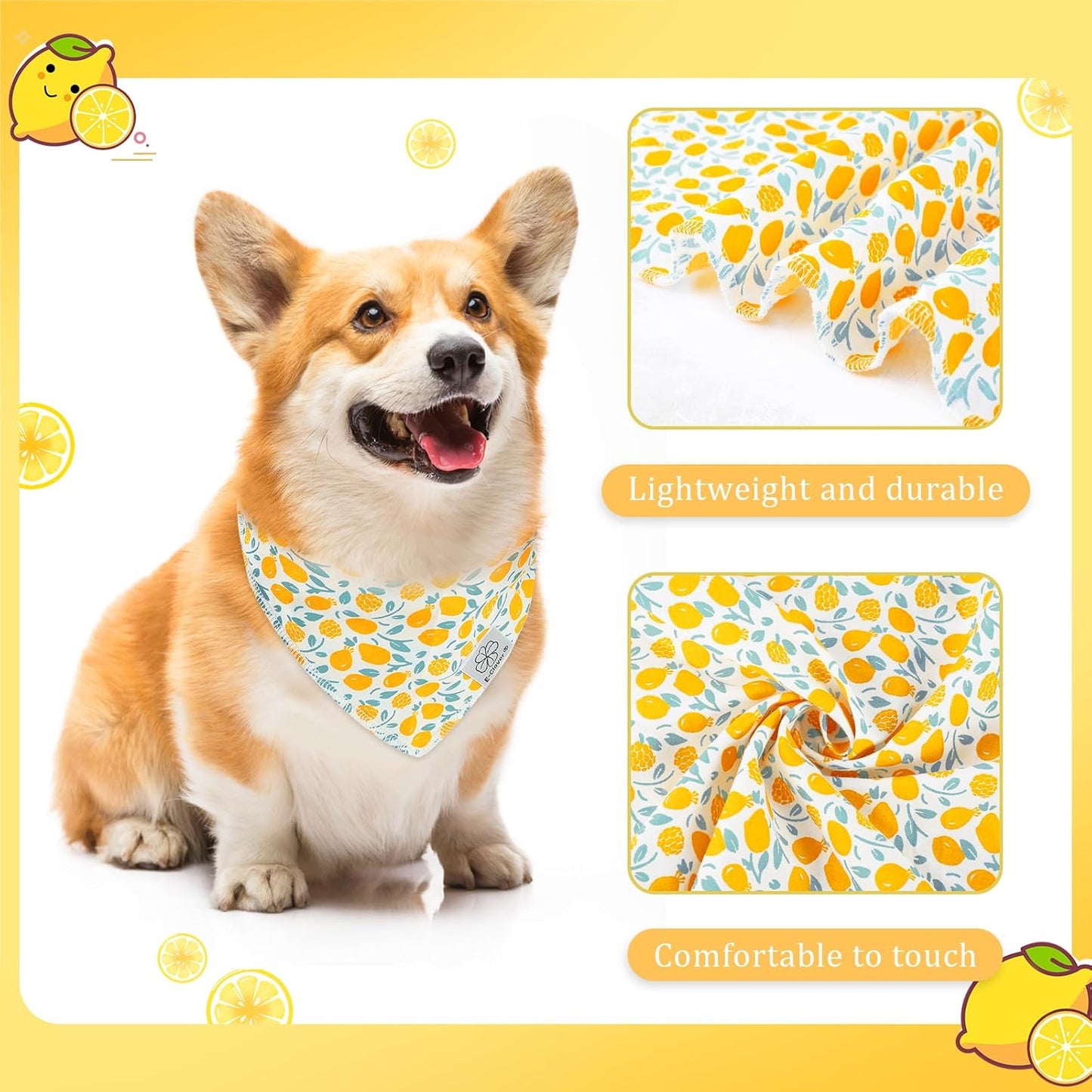 E-Clover Yellow Floral Dog Bandanas & Matching Scrunchie Set Cute Dog Scarf Bibs Pet Bandana with Bow Tie for Medium Large Dogs Owner Mom Spring Summer
