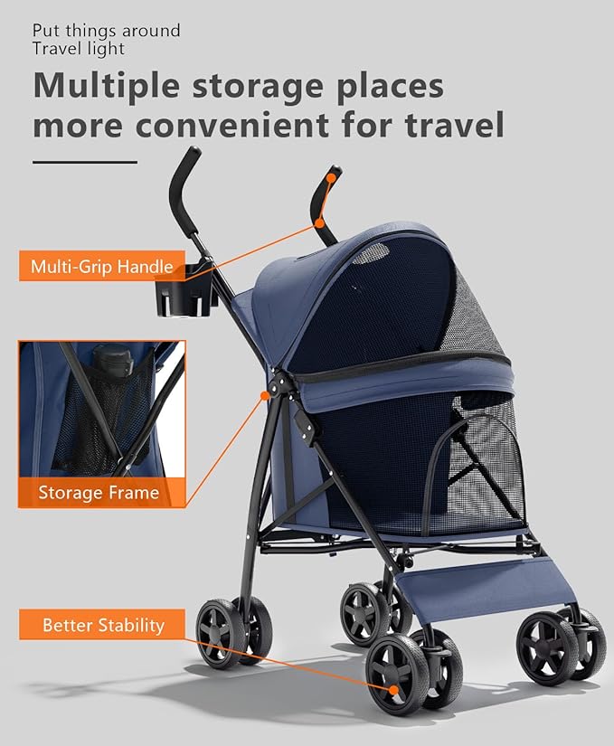 Pet Stroller with 4 Wheels for Small/Medium Pets, Portable Travel Foldable Carrier Jogger for Dog Cat Puppy Kitty, Rear Wheel Breaks, Storage Basket, Visible Mesh Weather Cover (Navy Blue)