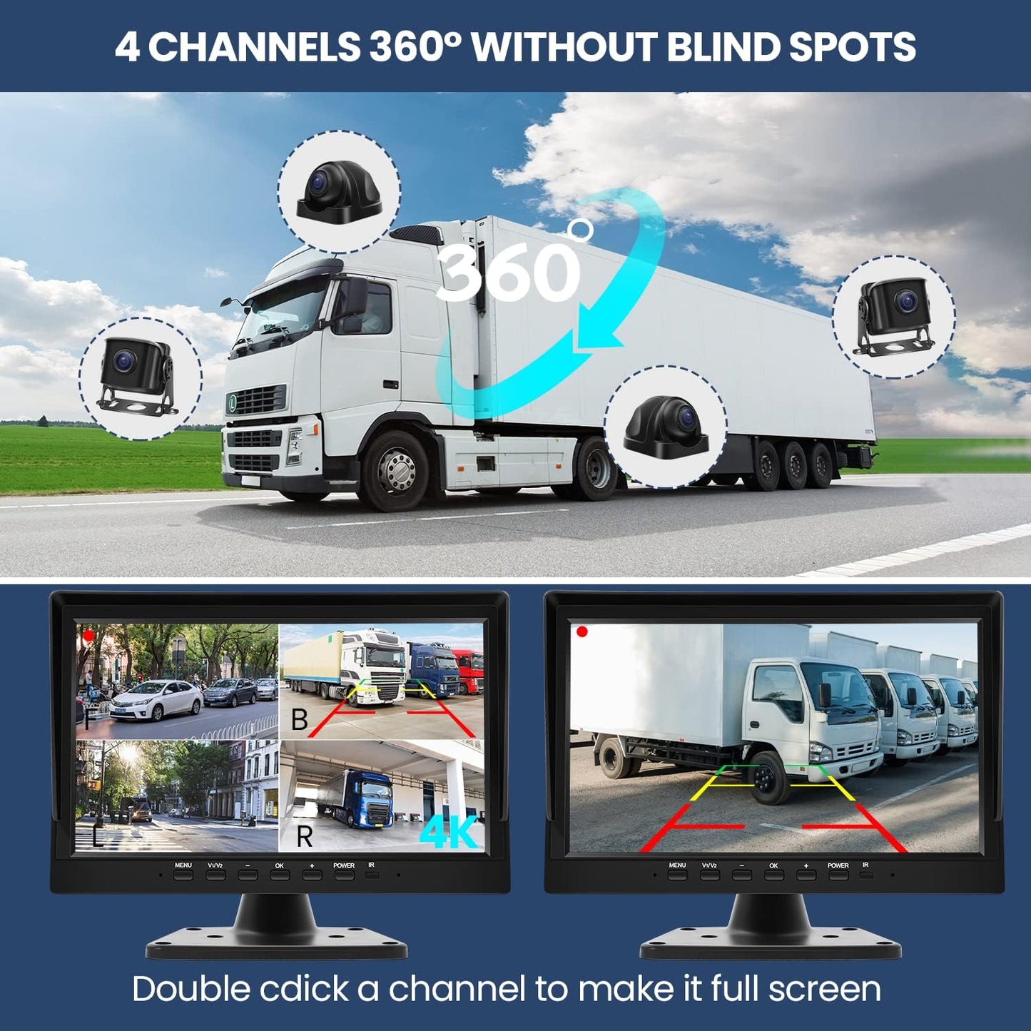 Wired Backup Camera System with 10.1’’ IPS Monitor for Truck RV Trailer Bus, Rear View Camera, with Side Front View Camera, 4 Split Screen, Super Waterproof, Night Vision, Easy Installation AHD1080P