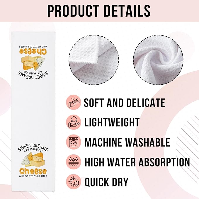 Funny Kitchen Towels Sweet Dreams are Made of Cheese Who Am I to Dis A Brie Dish Towels Cute Hand Towels for Farmhouse Kitchen Decor Novelty Housewarming Gifts for Women Men Chef Bake Lover