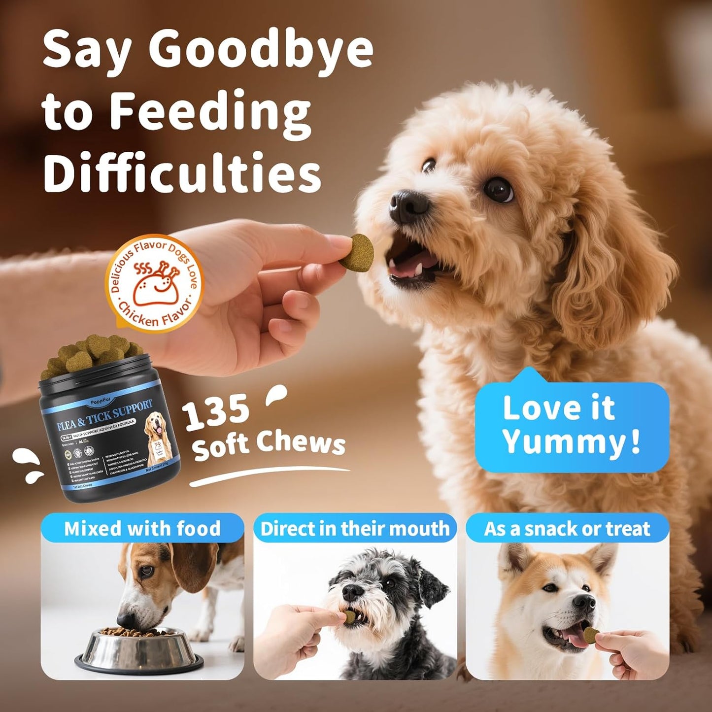 Dog Flea and Tick Support Chewable, Natural Dog Flea Comfort Supplement, Oral Chews with Neem, Oregano Oil, Pumpkin Seed Oil & Brewer's Yeast – 135 Soft Chews, Chicken Flavor – for All Breeds & Sizes