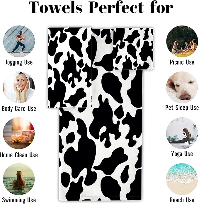 Cow 3 Piece Towel Bathroom Sets, 1 Bath Towel, 1 Washcloth, 1 Hand Towel, Cotton Fast Dry Soft Absorbent Towel Set for Home Kitchen Family