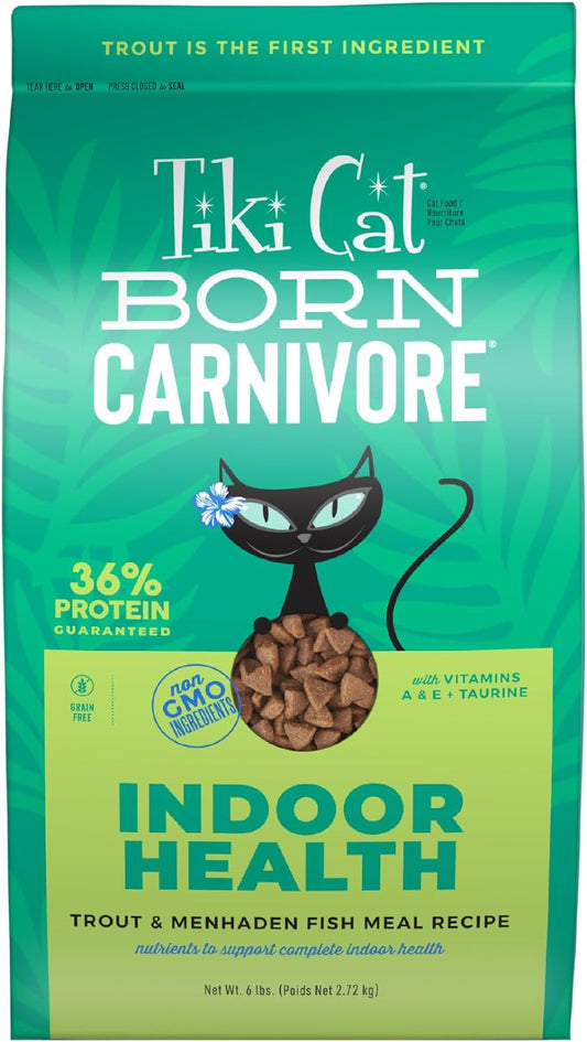 Tiki Cat Born Carnivore Indoor Health, Trout & Menhaden Fish Meal, Grain-Free Baked Kibble to Maximize Nutrients, Dry Cat Food, 6 Lbs. Bag