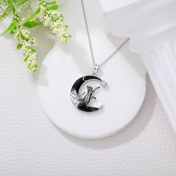 Sterling Silver Blue Topaz/Diamond Cat Pendant Necklace - Jewelry Gifts for Cat Lovers (18"+2")