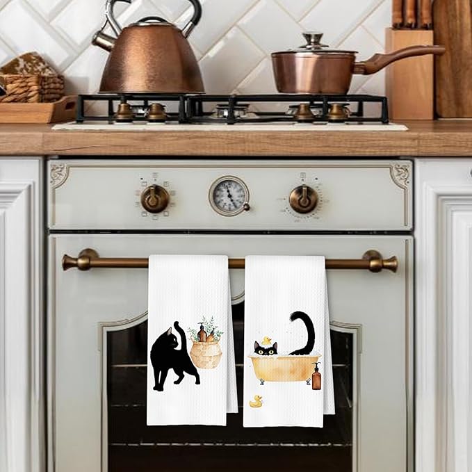 Funny Black Cat Hand Towels for Bathroom Set of 4, Black Cat Bathroom Decor for Lover Gifts for Women, 16x24 Inch