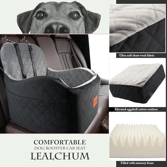 Dog Booster Car Seat for Small/Medium Dogs,6in Memory Foam Elevated Cushion,Fully Detachable and Washable,2 Clip-On Safety Leashes,Anti-Slip Base(Black/Grey,Medium)
