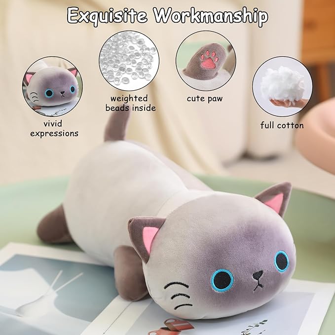 SQEQE Weighted Siamese Cat Plush, Weighted Siamese Cat Stuffed Animal, Cute Plushies Soft Pillow Toy Gift for Kids Adults 9.8 Inch, 0.8 Lbs
