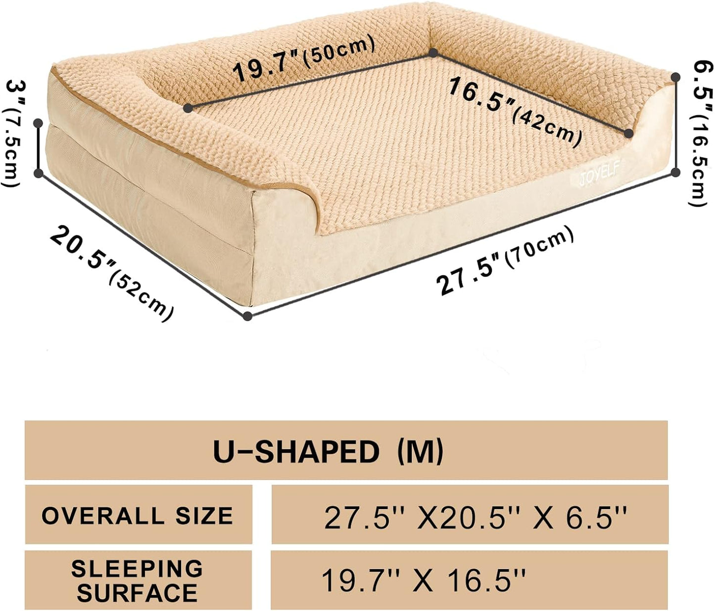 JOYELF Orthopedic Dog Bed for Medium Dogs,U-Shaped Foam Sofa Bed, Bolster Waterproof Pet Bed with Removable Washable Cover and Nonskid Bottom, for Small to Medium Dogs - Khaki