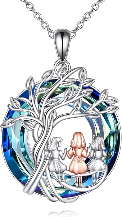 Tree of Life Necklace Sterling Silver Sister Pendant Blue Crystal Jewelry Gift for Women