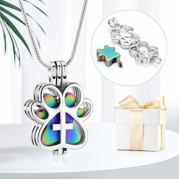 Pet Cremation Jewelry for Dog/Cat Paw Stainless Steel Memorial Locket Urn Necklace with Hollow Urn Cremation Jewelry for Ashes