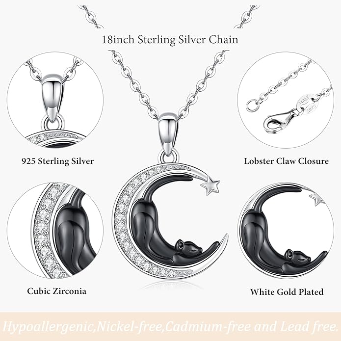 Odinstone Cat Necklace, S925 Sterling Silver Cat on Moon Pendant with Cubic Zirconia, Cat Jewelry Mothers Day Gifts for Mum with Gift Package - I Love You Forever