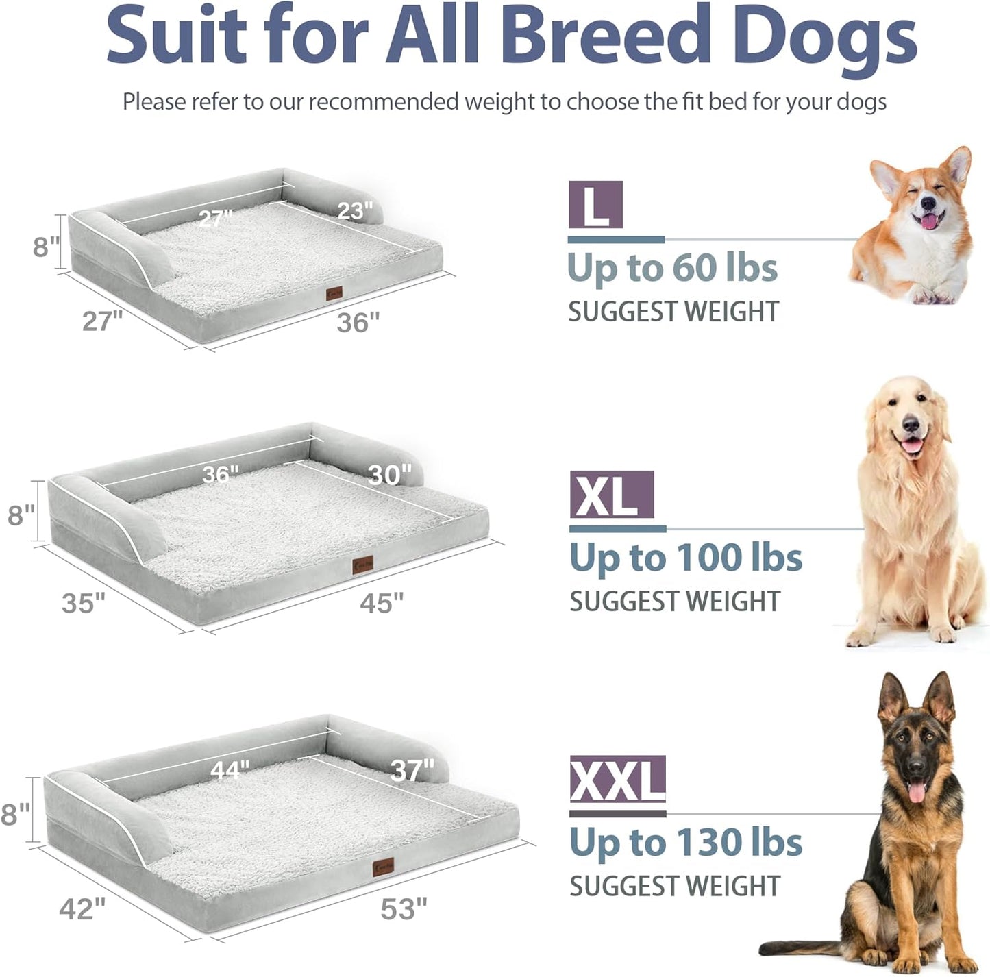 Orthopedic Dog Beds for Extra Large Dogs, Waterproof Dog Beds XLarge, Memory Foam Dogs Couch Beds with Comfy Bolster, Removable Washable Cover and Nonskid Bottom (X-Large,Grey White)